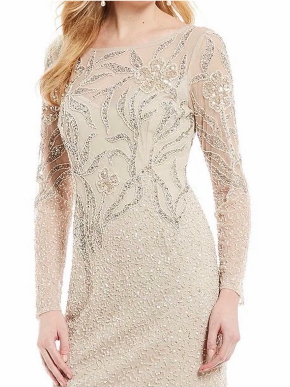 Adrianna Papell Beaded Maxi Gown NWT Size 12 Champagne Silver Formal Dress